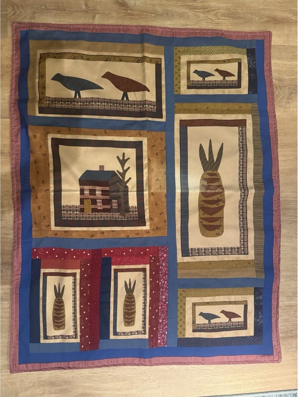 Handmade Folk Art Applique Quilt Wall Hanging Birds Pineapple House 28x35 2020